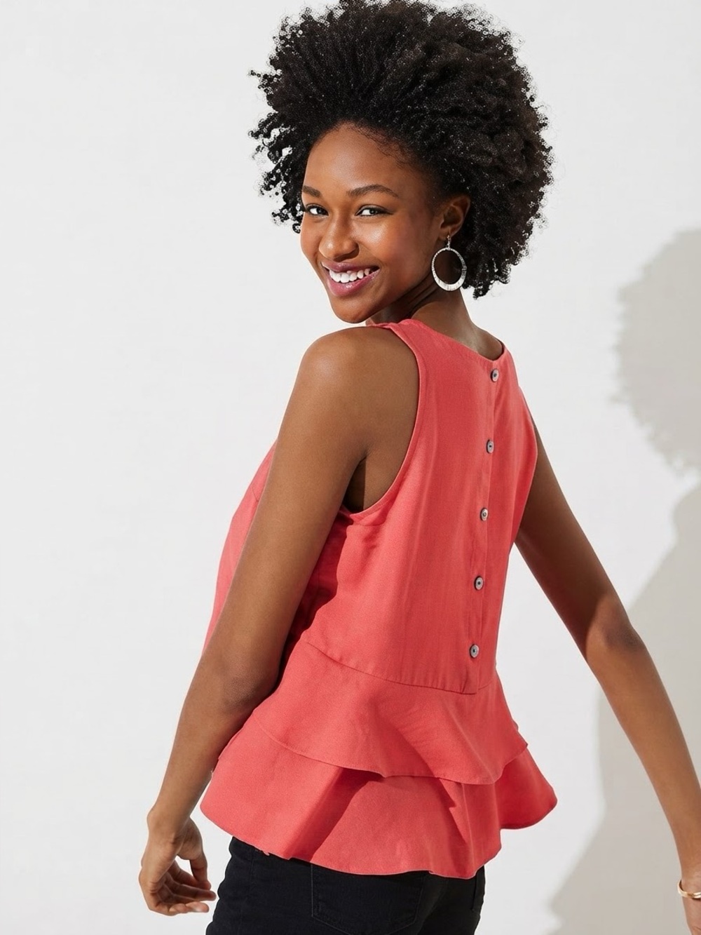 NWT LOFT Coral Pink Ruffle Back Hem Tiered Sleeveless Tank Top Size L